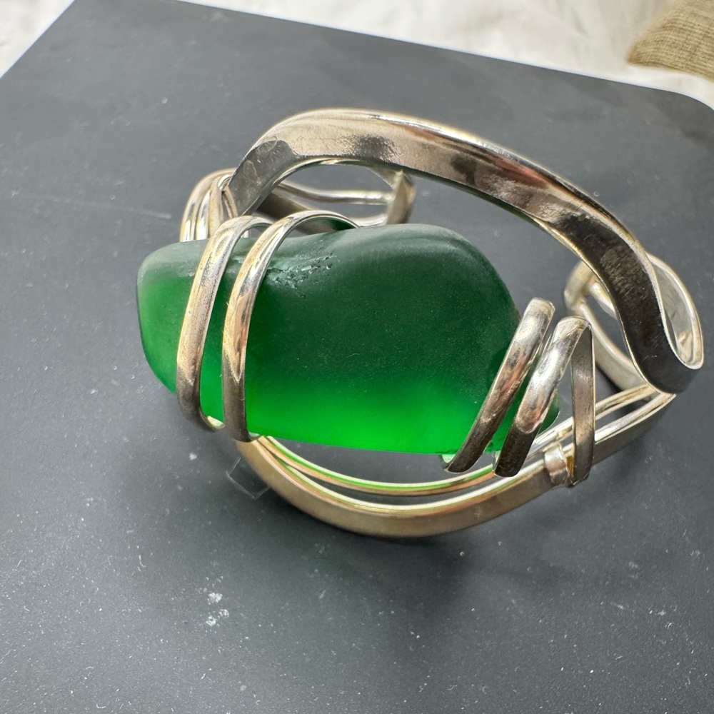 Sea Glass Sterling Silver Cuff Bracelet - Picture 3 of 10